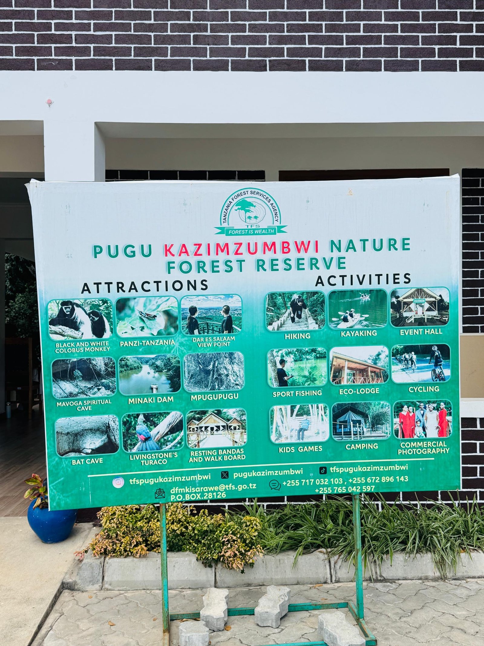 Information board listing attractions and activities at Pugu Kazimzumbwi Nature Forest Reserve