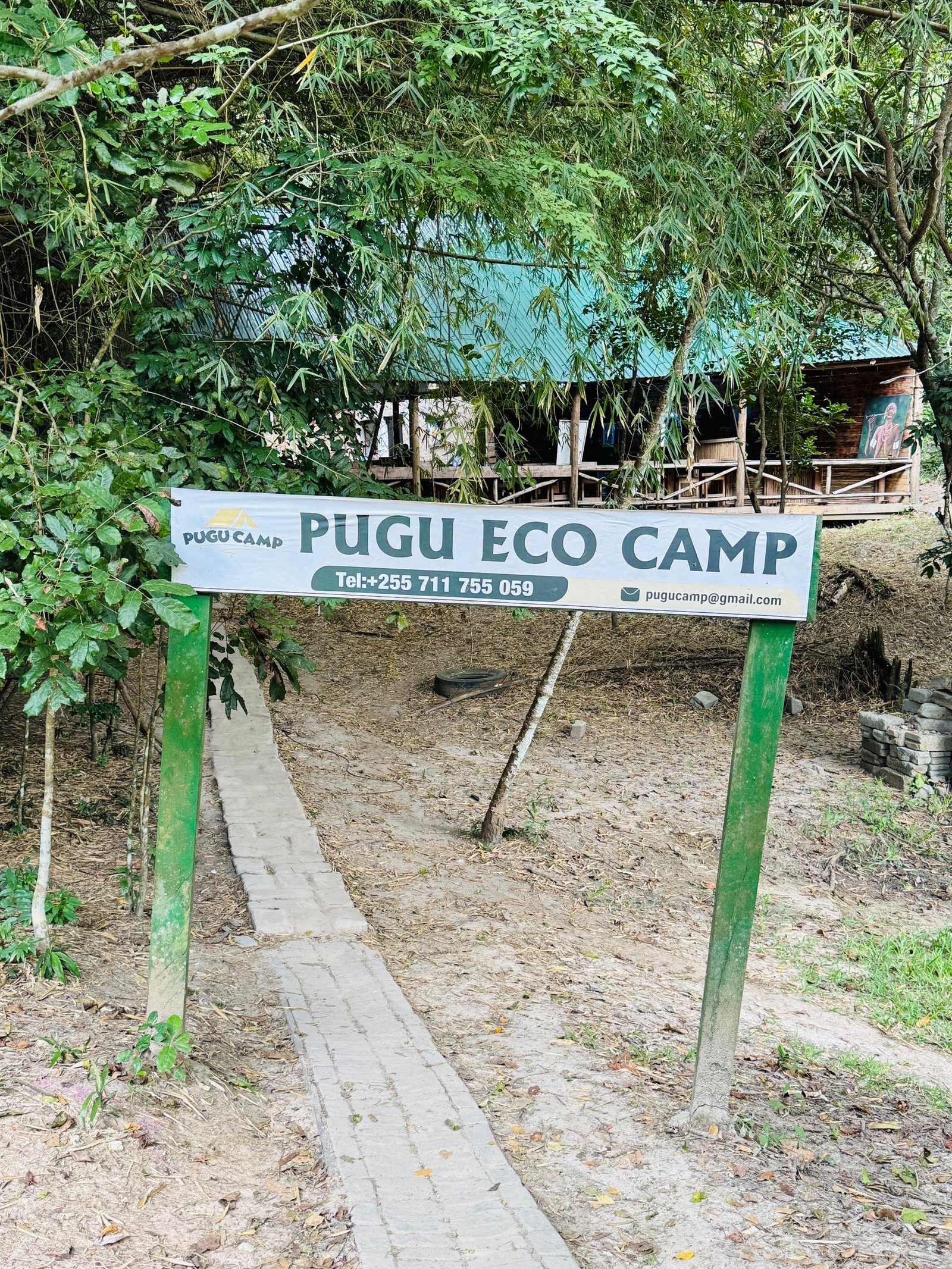 Pugu Eco Camp entrance sign beneath a canopy of bamboo trees