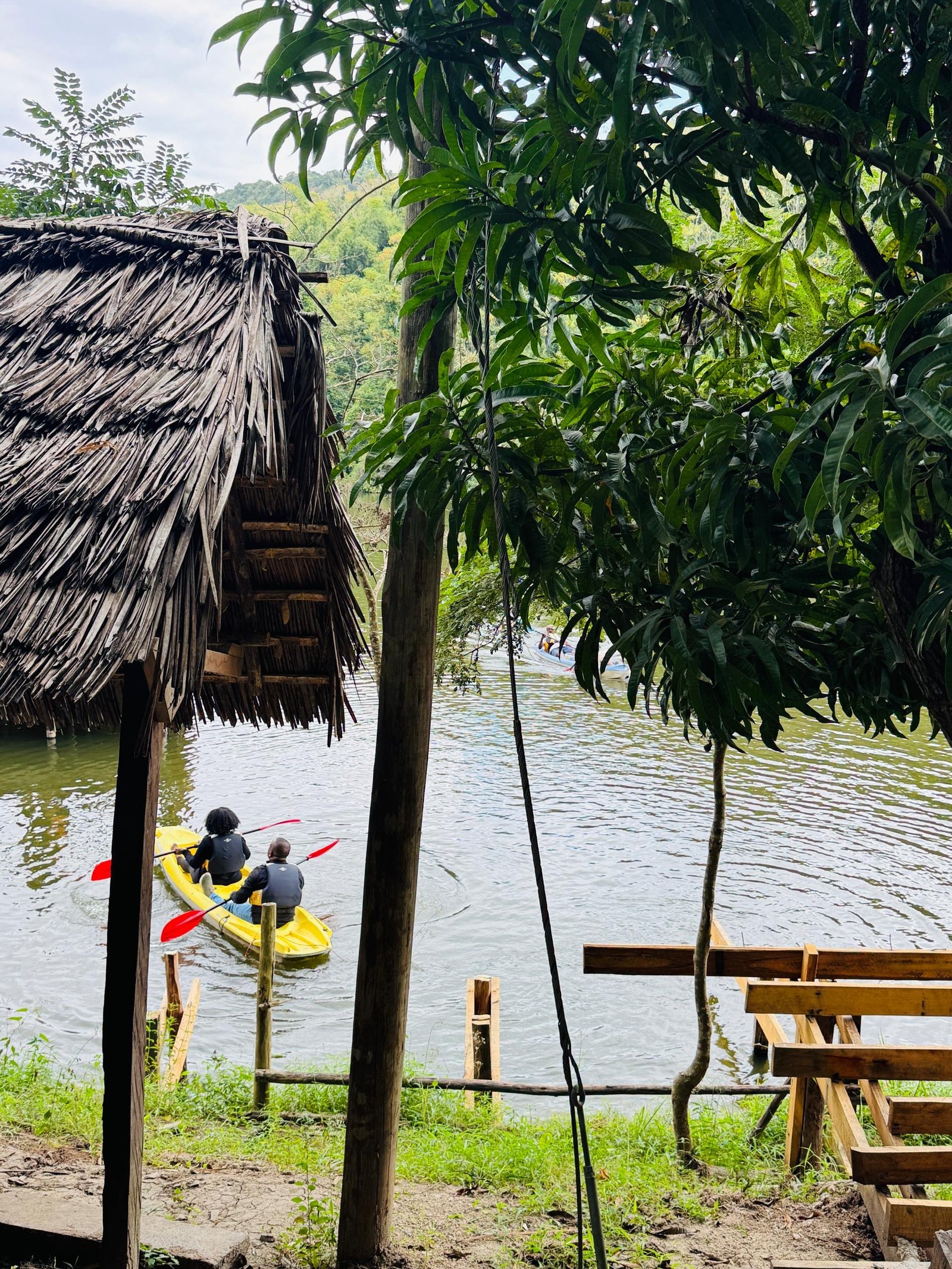 Kayakers paddling across the pond, viewed from beneath a thatched roof
